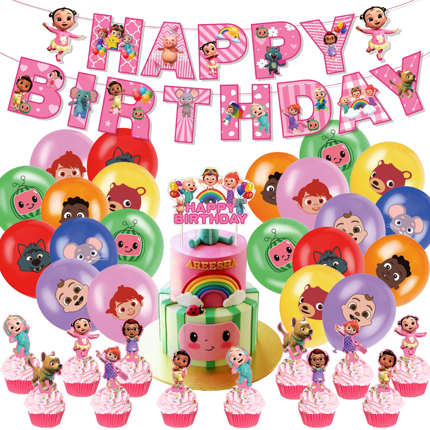 Cocomelon Pink Birthday Party Decorations.