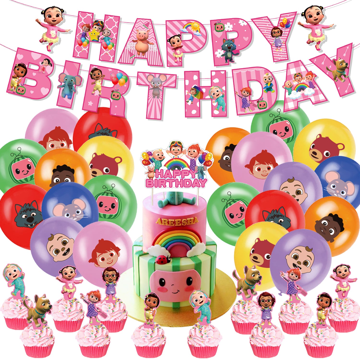 Cocomelon Pink Birthday Party Decorations.