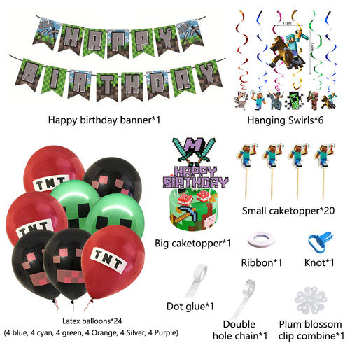 Minecraft Pixel Birthday Party Decorations, Party Corner provides Minecraft pixel party decoration supplies in UAE, Saudia, Qatar, Bahrain, and Oman. Get birthday party balloons, and much more. Order now!, Party Supply Kits, Party Corner
