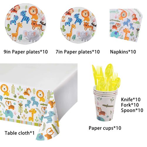 Jungle Birthday Cutlery Supplies, Party Corner provides Jungle Birthday Cutlery Supplies in UAE, Saudia, Qatar, Bahrain, and Oman. Get birthday party balloons and much more. Order now!, Party Supply Kits, Party Corner