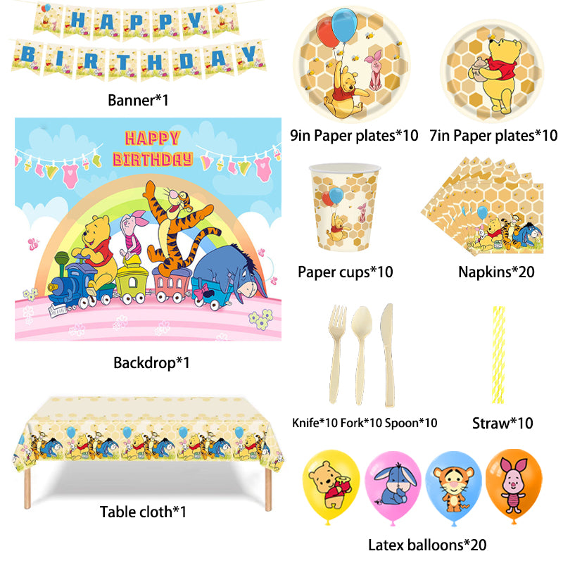 Winnie The Pooh Bear Birthday Supplies, Party Corner provides Winnie the pooh bear birthday decorations in UAE, Saudia, Qatar, Bahrain, and Oman. Get birthday party balloons, and much more. Order now!, Party Supply Kits, Party Corner