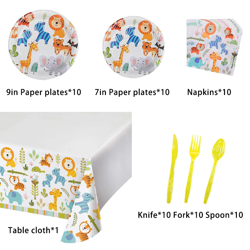 Jungle Birthday Cutlery Supplies, Party Corner provides Jungle Birthday Cutlery Supplies in UAE, Saudia, Qatar, Bahrain, and Oman. Get birthday party balloons and much more. Order now!, Party Supply Kits, Party Corner