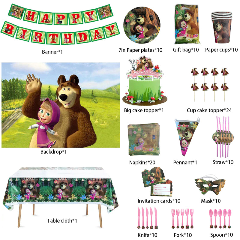 Masha and the Bear Birthday Party Supplies, Party Corner provides Masha and the Bear Birthday Theme Supplies in UAE, Saudia, Qatar, Bahrain, and Oman. Get birthday party balloons, and much more. Order now!, Party Supply Kits, Party Corner