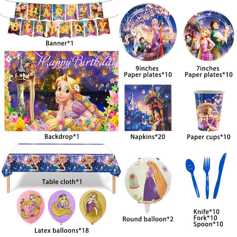 Rapunzel Birthday Party Supplies, Buy Rapunzel birthday party supplies from Party Corner in UAE, Saudia, Qatar, Bahrain, and Oman. Get birthday party balloons and much more. Order now!, Party Supply Kits, Party Corner