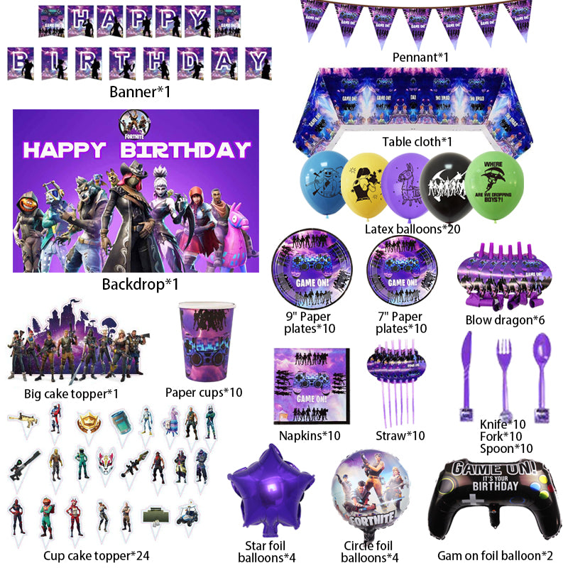 Fortnite Birthday Party Supplies, Party Corner provides Fortnite Birthday Party Supplies in UAE, Saudia, Qatar, Bahrain, and Oman. Get birthday party decorations and much more. Order Now!, Party Supply Kits, Party Corner