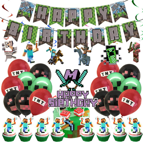 Minecraft Pixel Birthday Party Decorations, Party Corner provides Minecraft pixel party decoration supplies in UAE, Saudia, Qatar, Bahrain, and Oman. Get birthday party balloons, and much more. Order now!, Party Supply Kits, Party Corner