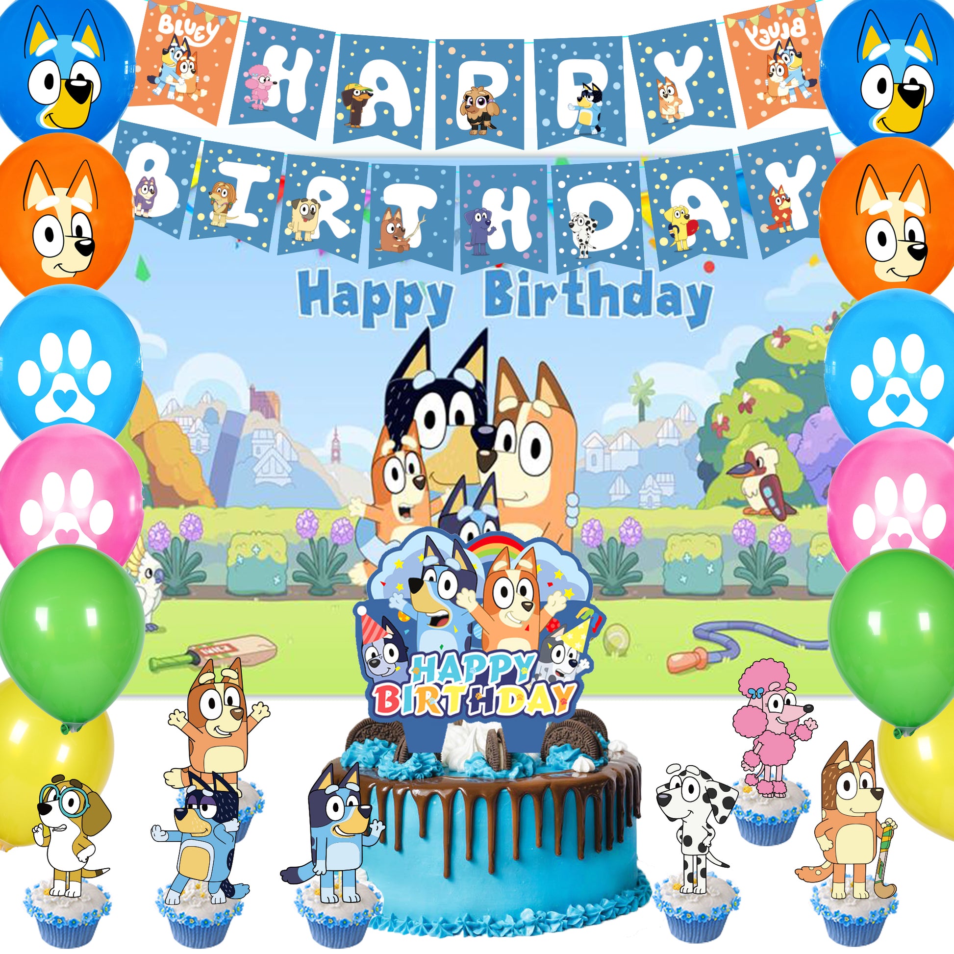 Bluey Party Supply Decoration Balloons, Banner, Cake Topper 