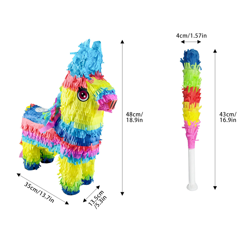 Side view of the donkey piñata showing colourful tissue-paper layers